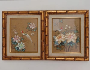 Vintage 2 Aquarell Gemälde Kork Papier Vogel & Blumen Gold Bambus Rahmen Signiert - Bild 1 von 8