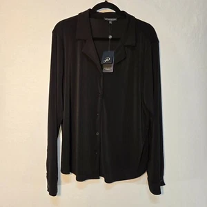 ADRIANNA PAPELL Solid Knit Long Sleeve Wing Full Button Black Shirt Size XXL NEW - Picture 1 of 18