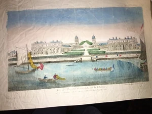 VUE EN COULEURS DE L'HOSPITAL GREENWICH SUR LA THAMISE, XVIIIème. - Picture 1 of 4