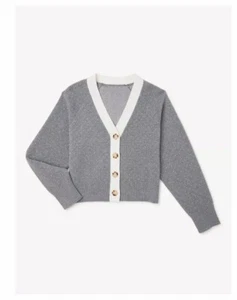 Girls Boxy Cropped Cardigan, Size S 6-6X Heather Gray +White Detail Button Front - Picture 1 of 6