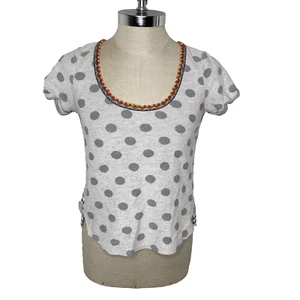 Anthropologie Akemi Kin Top Sz M Grey Polka Dot Striped Short Sleeve - Picture 1 of 9