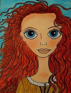 Demelza Poldark ROTER Kopf skurril Boho Orig Design 9,25 x 12 Metall Kunstdruck - Bild 1 von 1