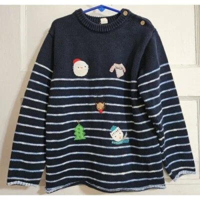 * Heavier Weight Navy Blue Striped Holiday Sweater Girls 130 Size 8 - Image 1 of 4