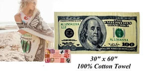 USA US $100 DOLLAR BILL MONEY BEACH TOWEL COTTON 30x60 Cash Money ONE HUNDRED - Picture 1 of 3