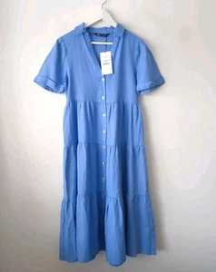 Zara blau Midi Leinen Baumwolle Tunika Sommerkleid Größe S Small 8 10 neu mit Etikett NEU - Bild 1 von 6