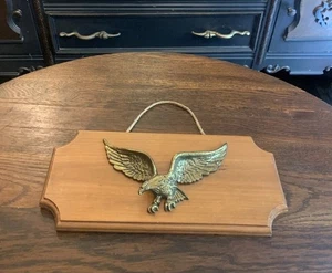 Vtg Brass Bald Eagle Figure Mounted On Wood Wall Hanging/Plaque 16”Wall Art - Picture 1 of 17