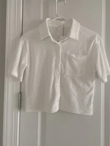 NWT GB Girls White Terry Cloth Button Up Coverup Top Size L W/Front Pocket - Picture 1 of 8