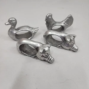 Vintage Pewter Farm Animal Napkin Rings 2 Pigs Hen + Duck Silver Tone India - Picture 1 of 9