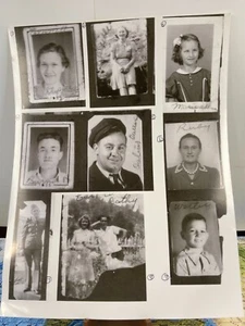 Hoja de 9 fotos vintage de 8,5"x11" con biografía en la parte posterior y nombres en las fotos - Imagen 1 de 5