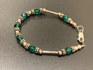Sterling Silver Ball Bead Emerald Crystal Bracelet Vintage Estate Jewelry 7" - Picture 1 of 3