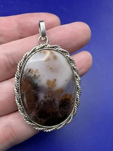 Vintage Oval Dendritic Agate Pendant With Silver Bezel - Picture 1 of 2