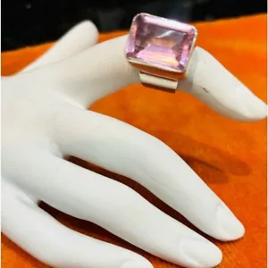 Pink rose quartz gemstone, ring with wide band.Sterling 925, handmade in India. - Picture 1 of 4