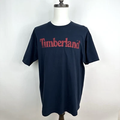Timberland Spellout Logo Tee XL Navy Red Short Sleeve Crew Cotton Regular Fit - Image 1 of 4