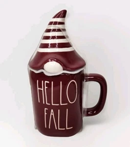 RAE DUNN Ceramic Coffee Tea Mug with Gnome Topper Lid 22oz "HELLO FALL"  - Picture 1 of 3