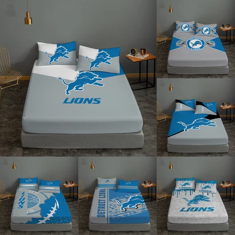Detroit Lions 3Pcs Fitted Sheet Bedding Deep Pocket Mattress Pillowcases Decor Cover