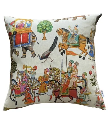 Jaipur Cushion Cover Maharaja Elephants Horses Oriental Printed Cotton Fabric - Image 1 of 4