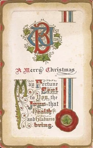 Best Wishes - A MERRY CHRISTMAS - Ivy / Seal - 1913 - EMBOSSED / GILDED - Picture 1 of 2