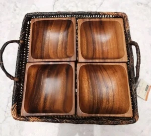 Acacia Wood Serving Basket Tray With 4 Divided Bowls Dip Snacks Handmade NWT - Picture 1 of 16