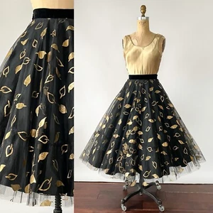 Vintage 1950s Black Full Skirt Tulle Net Gold Leaf Midi Length 25” 26" Waist NYE - Picture 1 of 13