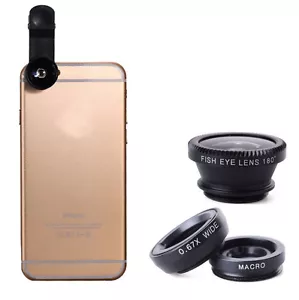 Kit obiettivo fotocamera cellulare clip universale 3 in 1 grandangolare fish eye macro - Foto 1 di 3