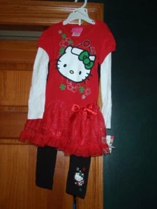 Hello Kitty Nikolausmütze 4T Weihnachten Set ~ Tutu Tunika + Leggings mit Silber Glitzer - Bild 1 von 3
