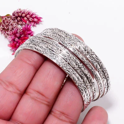 Brazalete hecho a mano de plata de ley 925 7 conjunto de joyas de plata de diseñador floral fino Foto 1 de 4