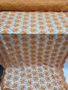 Orange Beaded Lace Fabric by the Yard - Embroidered Floral Flowers with Sequins - Picture 1 of 12