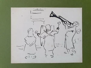 William Cave Day Musicians Trombone Drum Postcard Drawing c1910 - Picture 1 of 2