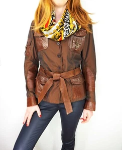 Chaqueta MADELEINE Mujer Botón Frontal Cinturón Marrón con Borde de Cuero Napa - Imagen 1 de 12