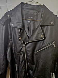 Biker Jacket Mens Structure Black XL Polyurethane 90's Y2K Vintage - Picture 1 of 17