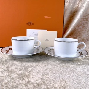 Taza de té y platillo Hermes Paris Chaine d'Ancre porcelana platino 2 juegos con caja - Imagen 1 de 18