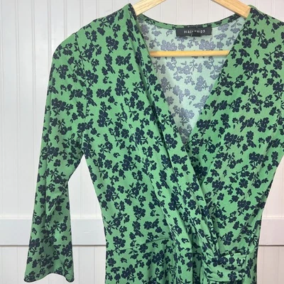 HAIL3Y:23 Green Floral Faux Wrap Dress 3/4 Sleeve V-Neck Stretch Knit Petite S - Image 1 of 4