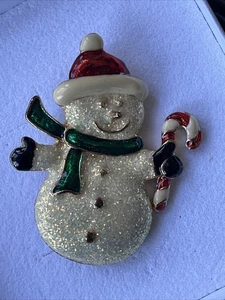 Vintage Weihnachten Schneemann emailliert Glitzer Brosche Feiertag Anstecknadel Gold - Bild 1 von 4