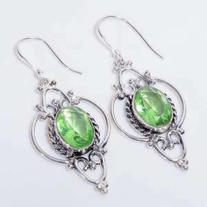Peridot Gemstone Vintage Handmade 925 Sterling Silver Earrings 2.2" h692 - Picture 1 of 5