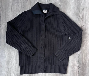 LL Bean Negro Pima Algodón Abotonado Cárdigan Suéter Mujer Pequeño Cable Capucha - Imagen 1 de 8