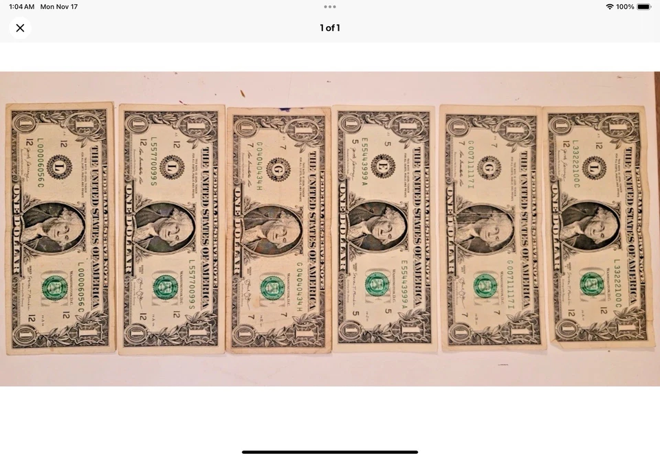 Fancy Serial Number Dollar Bills for Liar's Poker - Set of 6 - Image 1 of 1