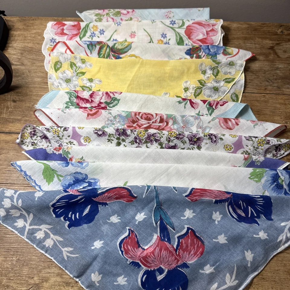Lot Of 10 Vintage Cotton Handkerchief Hankies Floral Flowers Rolled & Hemmed - Image 1 of 4
