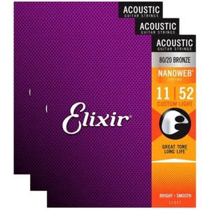 *3 SETS ELIXIR 11027 NANOWEB ACOUSTIC GUITAR STRINGS LIGHT 11-52 80/20 BRONZE - Picture 1 of 3