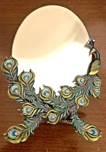 Ornate Peacock Standing Dresser Mirror w/ Diamond Feathers Silver Base 8.5X6" - Picture 1 of 5
