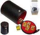 Black PU Leather Red Felt Lined Cup w/Compartment + (6) Transparent Yellow Dice