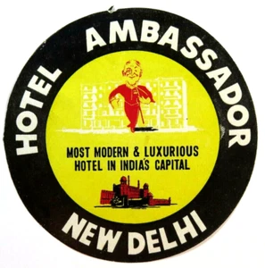 Etiqueta de equipaje vintage Hotel Ambassador Nueva Delhi India - Imagen 1 de 3