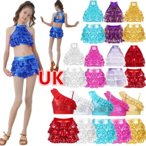 UK Kids Girls Backless Crop Top with Skirt Set for Salsa Samba Rumba Dancewear - Picture 1 of 140