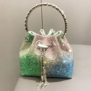 Multicolor Evening Clutch Bag Rhinestone Crystal Bucket Party Bag Purse Tassel - Picture 1 of 17