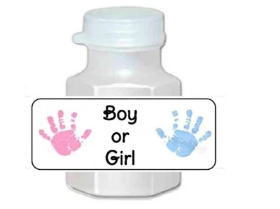 30 Gender Reveal Boy or Girl Pink and Blue Baby Shower Bubble Labels Stickers - Image 1 of 2