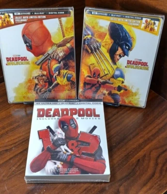 Deadpool 2 Movies 4K+Deadpool & Wolverine 4K Steelbooks-w/PROTECTIVE SLEEVE-NEW! - Image 1 of 4