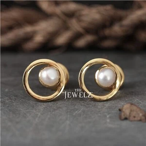 14K Gold Süßwasserperlen 8 mm offener Kreis minimalistische Ohrstecker - Bild 1 von 5