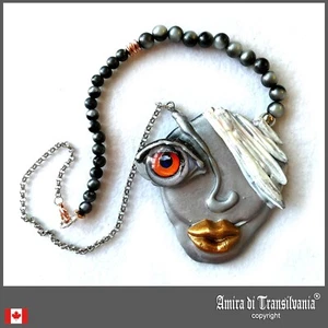 Jewelry Necklace Pendant Lady Face Art Deco Minimalist Brutalist Chunky Eye Lips - Picture 1 of 24