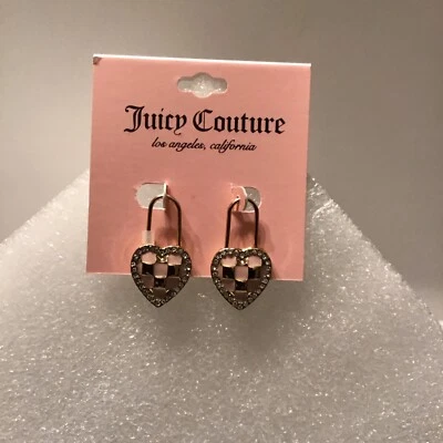 Juicy Couture Gold Tone Pink Enamel Checkered Heart Safety Pin Drop Earrings New - Image 1 of 4