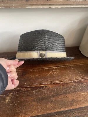 Goorin Bros Paper Straw Fedora Hat - Unisex Medium - Brown - Tan & Gray Ribbon - Image 1 of 4