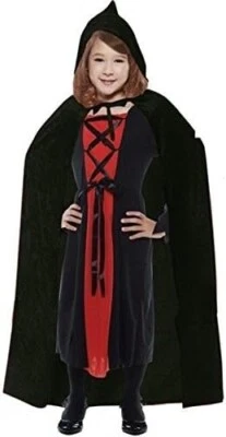 Halloween Fancy Robe Dress Kids 35" Black Velvet Hooded Cape Fairytale Vampire Foto 1 de 4